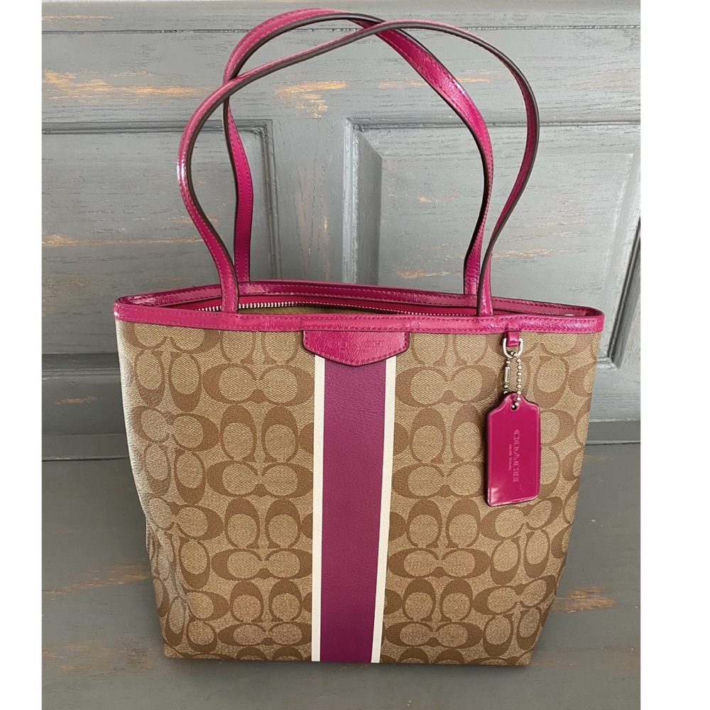 Coach Signature stripe tote bag, khaki/magenta - Picture 1 of 8